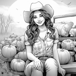 adult woman in jeans and check shirt sitting on a hay wagon which ist loaded with different pumpkins anime style