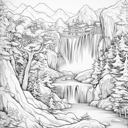 a phnix in a beautiful snow landscape with a waterfall