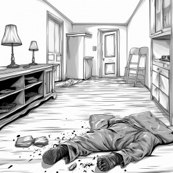 a crime scene in an apartment with a dead body bleeding face up and sprawled over