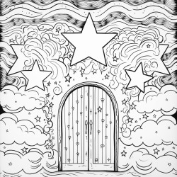una puerta abierta hacia un horizonte luminoso con detalles de estrellas alrededor