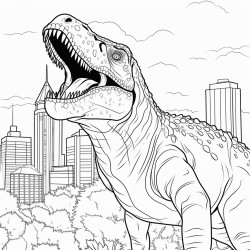 coloring page for kids ages 812 thick lines no shadings no colors big scary trex looking away to the city