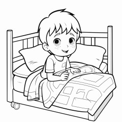tedy sitting beside a bed with bedsheet square pattern