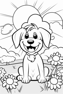 create a black and white outline of a happy cartoon dog in a park with a tree flowers and a sun for coloring