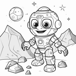 a friendly robot exploring a planet filled with crystals