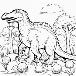 iguanodon in a forrest with a nest of eggs