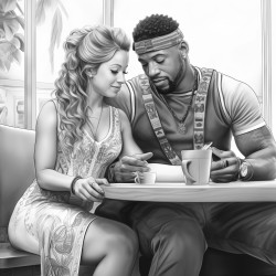 muscular african american man with a beautiful curvaceous caucasian woman having coffee at a coffee shop