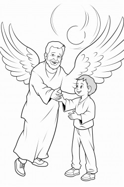 image of an elderly man playing catch with an angel with beautiful wings and a glowing halo