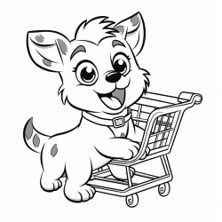 cute dog pushing a shopping cart at the supermarket