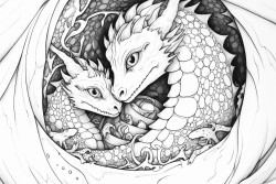 two adult dragons giving their newly hatched baby dragon a snuggle in their treasure cave