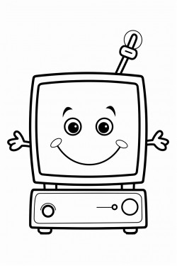 a cute tv with a happy face antennas and a small remote control next to it