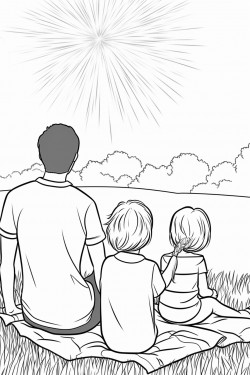 family watching fireworks exploding in the sky while they sit on a blanket in the grass