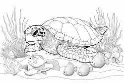 a sea turtle sleeps on coral reef and is embraced gently by sleepy octopus