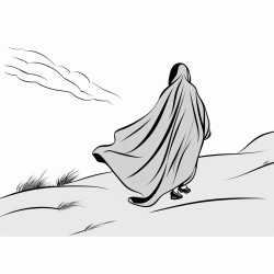 cloaked person walking into the wind viewed as a long shot from behind