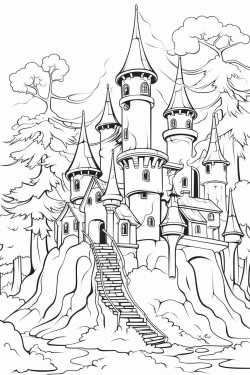 castle in a forest with flying dragons