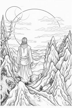 mystical mountain with two moons and a monk