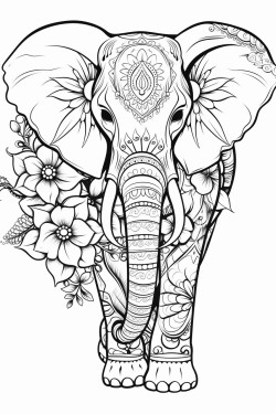 elephant zentangle art with flowers on the side