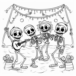 a group of smiling skeletons having a fun dance party under the stars