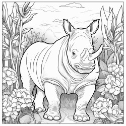 javan rhino standing in a lush forest surrounded by tropical plants and flowers