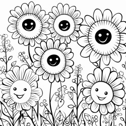 smiling flowers in a field whimsical