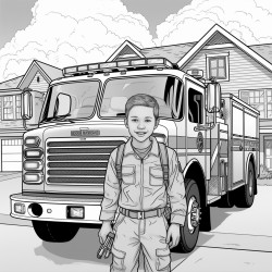 firefighter in front of fire truck showing kids a smoke detector