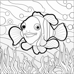 mosaic of clownfish in front of seaweed 16 colors 100 curved segments bold black lines no details no grayscale no shadows