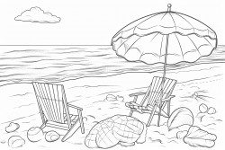 a beach scene including beach umbrellas and shells