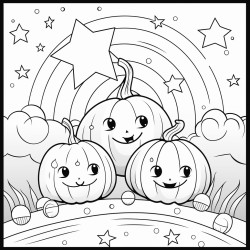 a simple line art scene of smiling pumpkin characters with small rounded shapes holding baskets of candy they stand in a peaceful halloween setting with a large moon and stars minimal background lines to create a comfy atmosphere