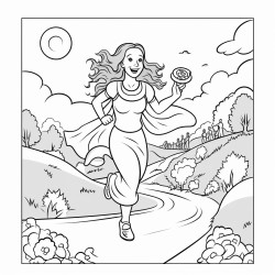 a girl with long hair running in the countryside with a slice of pizza in one hand and a dumbbell in the other she is wearing a brides veil and in the distance you can see a group of girls behind her smiling and waving