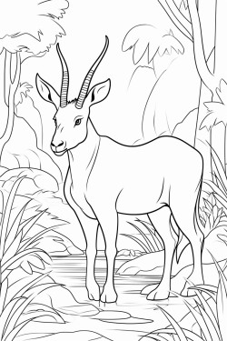 a saola standing quietly near a mountain stream in a forest surrounded by tall grasses and tropical plants