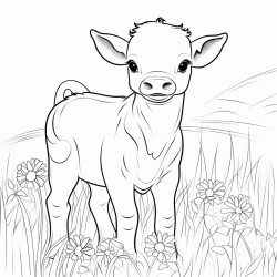 a calf with a cometshaped tail grazing in a field of flowers