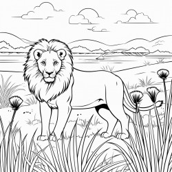 vibrant savannah scene around the lion  tall grass  sky
