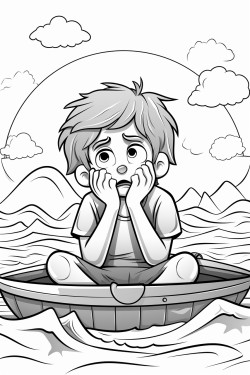 worried boy working in a boat with a big storm