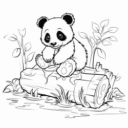 a baby panda sitting playfully on a small log in a serene pond