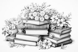 books surrounded by various delicate flowers