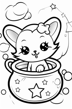 a cute cartoon cat stirring a cauldron underneath the moon and stars