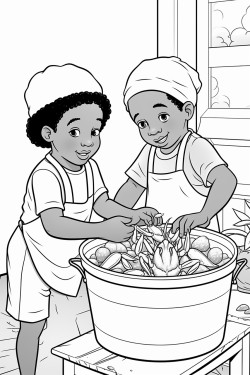 little black boys playing with a big lifesize crawfish that is standing in a boiling pot in the front of a home