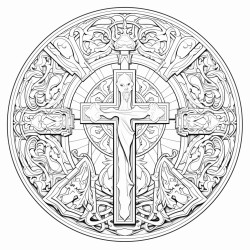 create an image of a solemn scene with a prominent cross in the center