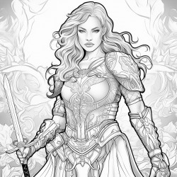 create an image of a woman warrior putting on a belt background detailed and decorative