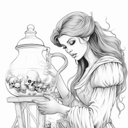 a beautiful witch handling potions  black and white no color