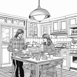 a 70s style kitchen where someone is eating breakfast with biscuits and gravy