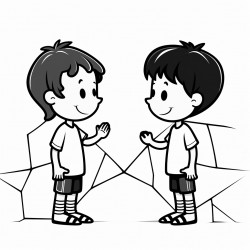 simplest coloring page of two children talking to each other use simple geometric shapes