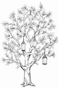 tree branch overhead lanterns hanging from branch tree branches surrounding lower part of page with birds sitting on them