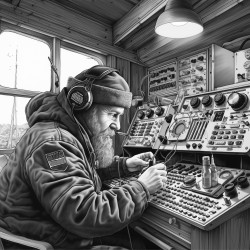 an old ham radio operator talking on his radios on a rainy day