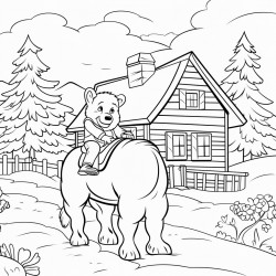 bold and easy a cartooning farmer bear on a horse trees house