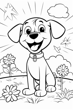 create a black and white outline of a happy cartoon dog in a park with a tree flowers and a sun for coloring
