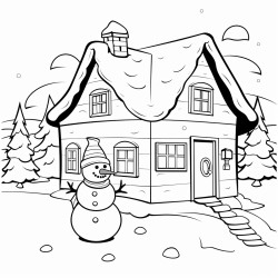 a house covered in snow and a snow man on the lawn