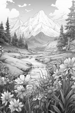 flowers in a meadow behind a beautiful mountain