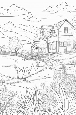 horses graze in lavender fields whimsical landscape with a quaint stone house surrounded by flowers and a cypress tree
