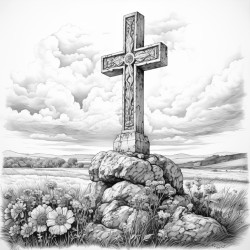 create an image of a solemn scene with a prominent cross in the center