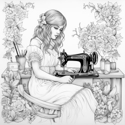 50 year old woman sitting at sewing machine surrounded by flowers